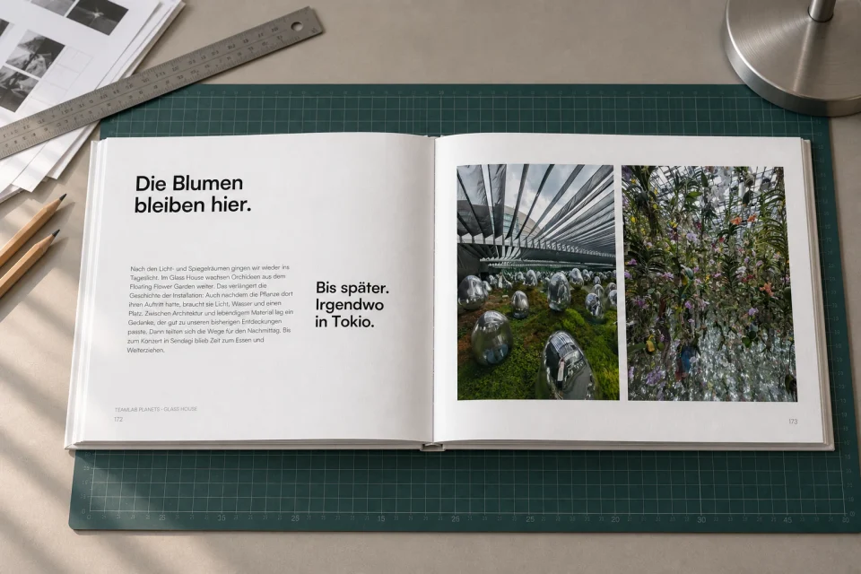 An overhead view of the book on the cutting mat, pairing quiet typography with reflective installations and orchids at teamLab.