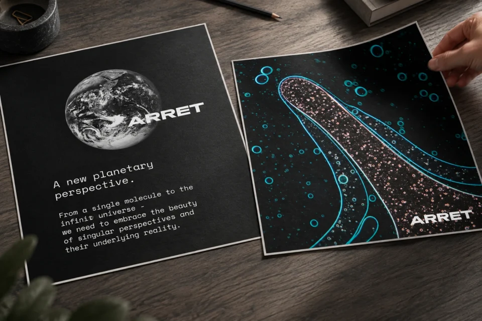 AI-generated presentation of two original Arret artworks as square print proofs on a dark desk, with a hand lifting the blue microscopic image.