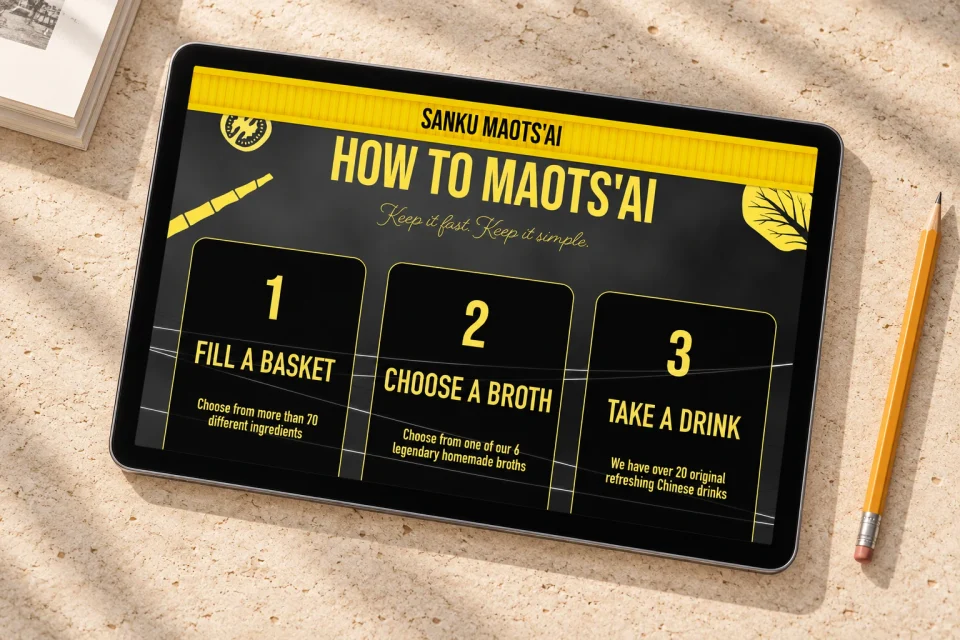 An overhead landscape tablet mockup displaying Sanku Maots’ai’s three-step guide, with numbered cards for ingredients, broth and a drink.