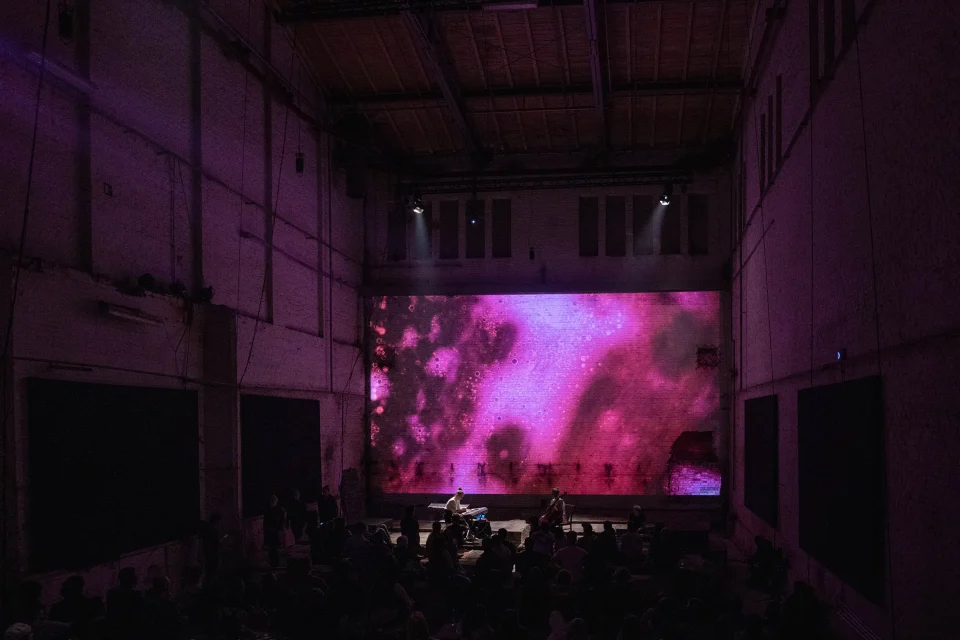 An audience gathered in front of vivid pink and violet projections in a dark performance space.