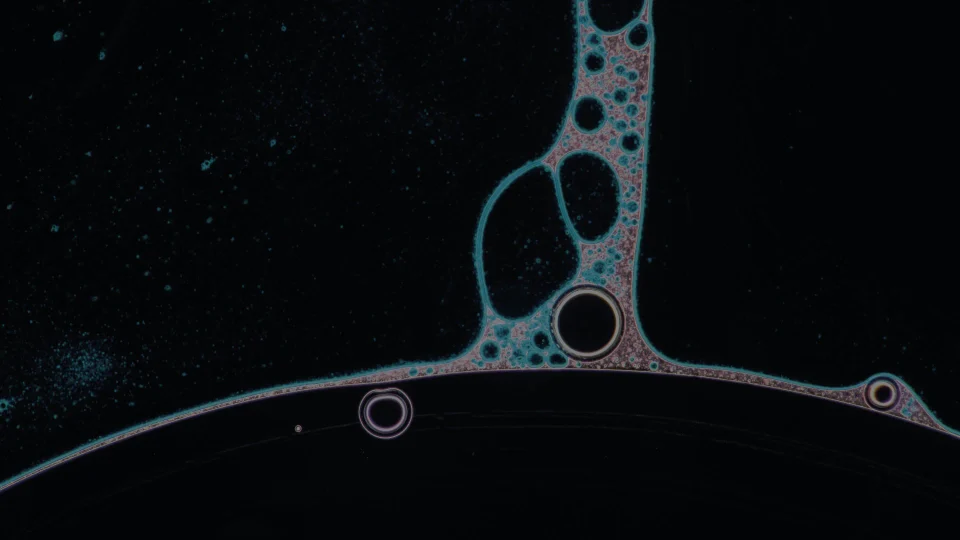 Branching microscopic shapes and small luminous particles against a dark background, from the Arret brand imagery.