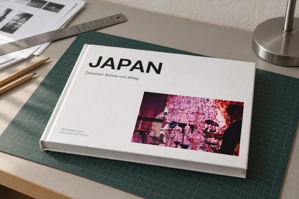 Mockup of the Japan photobook cover on a creative desk.