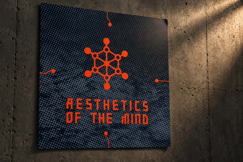 AI-generated presentation of the Aesthetics of the Mind poster on a textured concrete wall.
