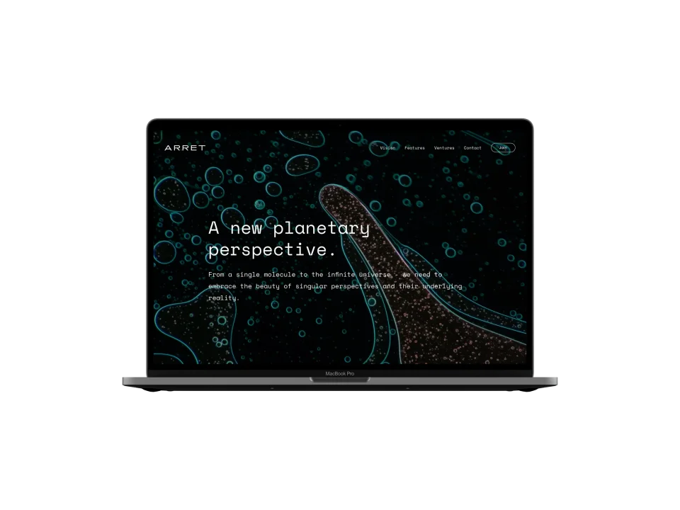 An original laptop mockup of the Arret website with the headline A new planetary perspective.