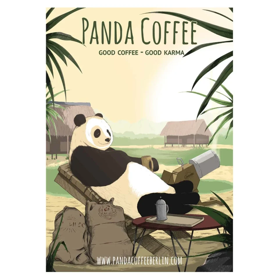 A Sonnen-Panda poster showing a panda reclining outdoors beneath the Panda Coffee name.