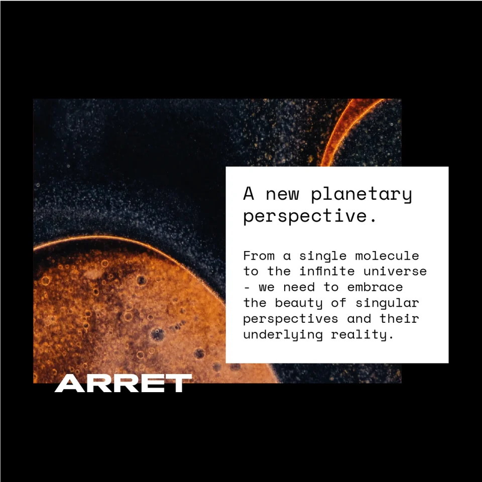 An Arret social graphic with orange organic forms and a white panel carrying the planetary narrative.