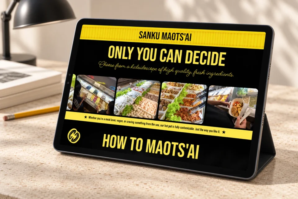 An angled tablet mockup showing the Only You Can Decide ingredient selection, with photographs of Sanku’s counters and people choosing food.