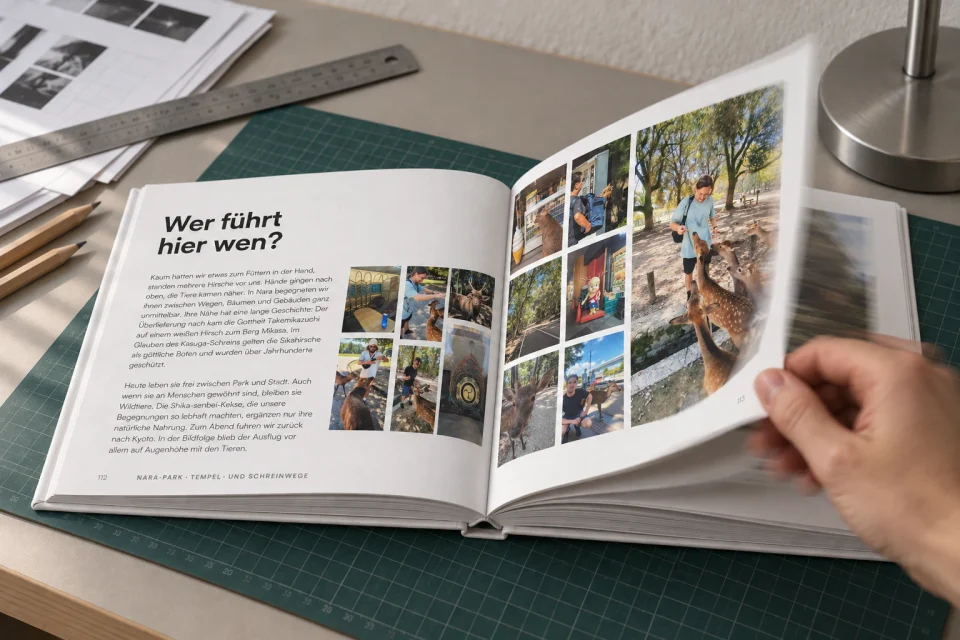 A hand turns a page of the Japan photobook on the studio desk, with subtle motion blur on the fingers and curled paper.