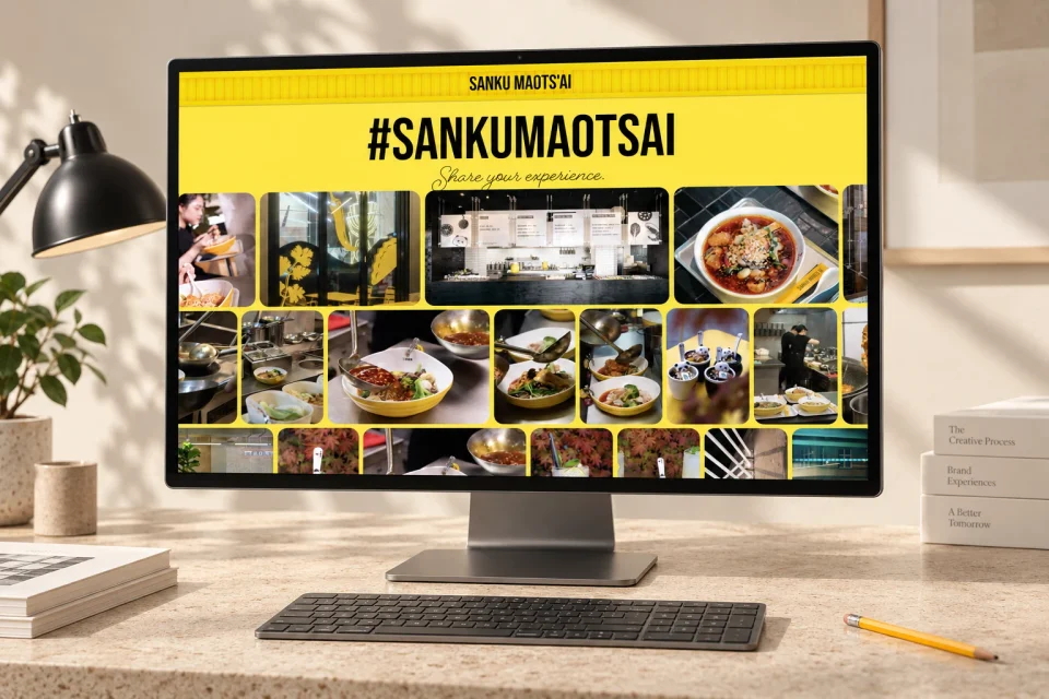 A desktop monitor mockup displaying the yellow Sanku Maots’ai photo gallery, with restaurant interiors, food preparation and bowls.
