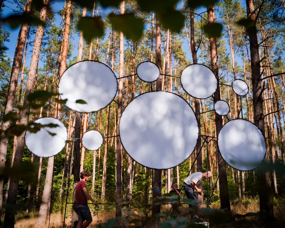 Several circular projection screens of different sizes suspended among tall trees in a forest.
