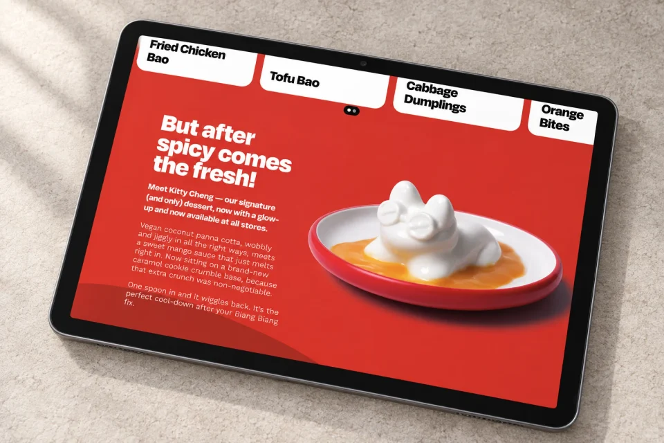 A graphite tablet on pale stone showing the Kitty Cheng dessert feature.