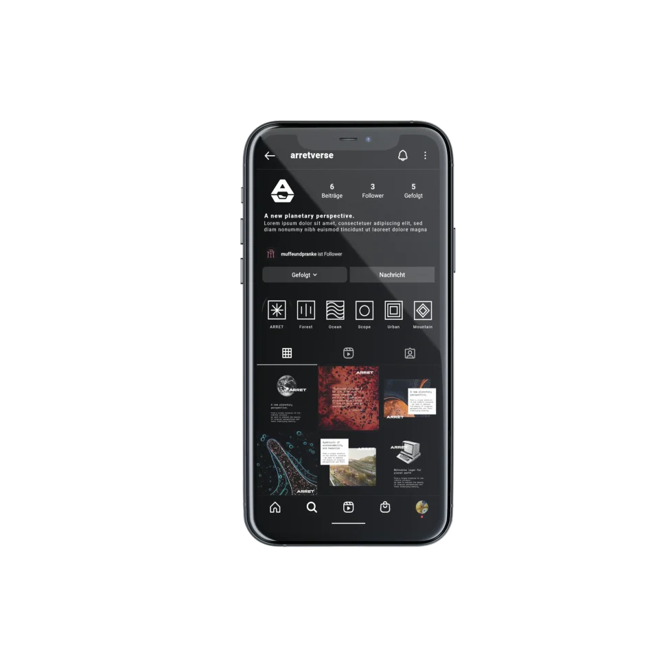 An original phone mockup presenting Arret’s social profile and visual feed.