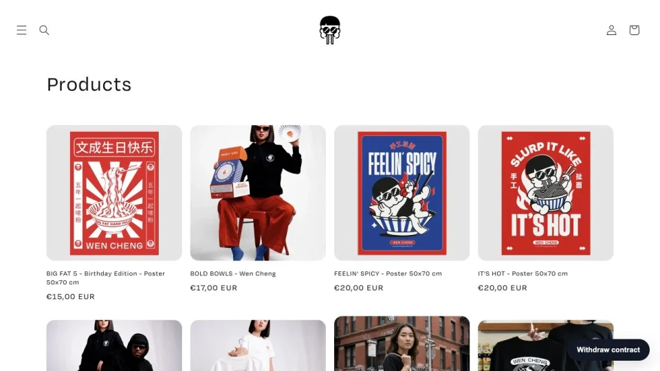 The Wen Cheng online shop product collection, showing bowls, posters and clothing.