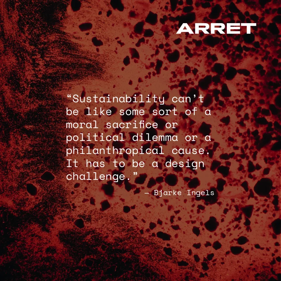 A red microscopic texture with the Arret wordmark and a statement about sustainability as a design challenge.
