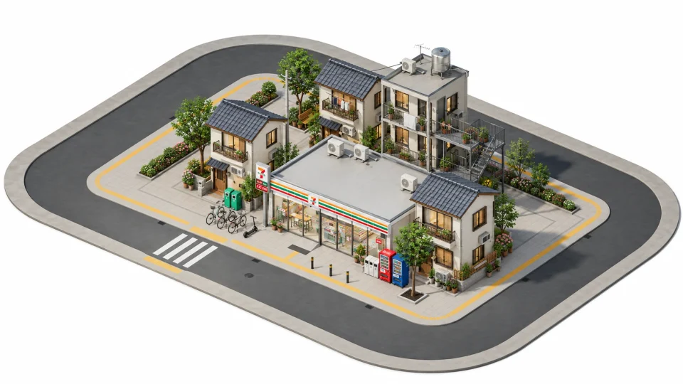 AI-generated daylight reference showing the complete neighborhood as a miniature environment, with a convenience store, homes, apartment building and planted paths.