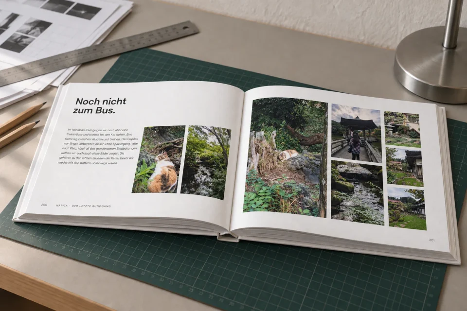 The final Narita travel spread on the creative desk, with quiet park photographs, a sleeping cat and layered paper edges.