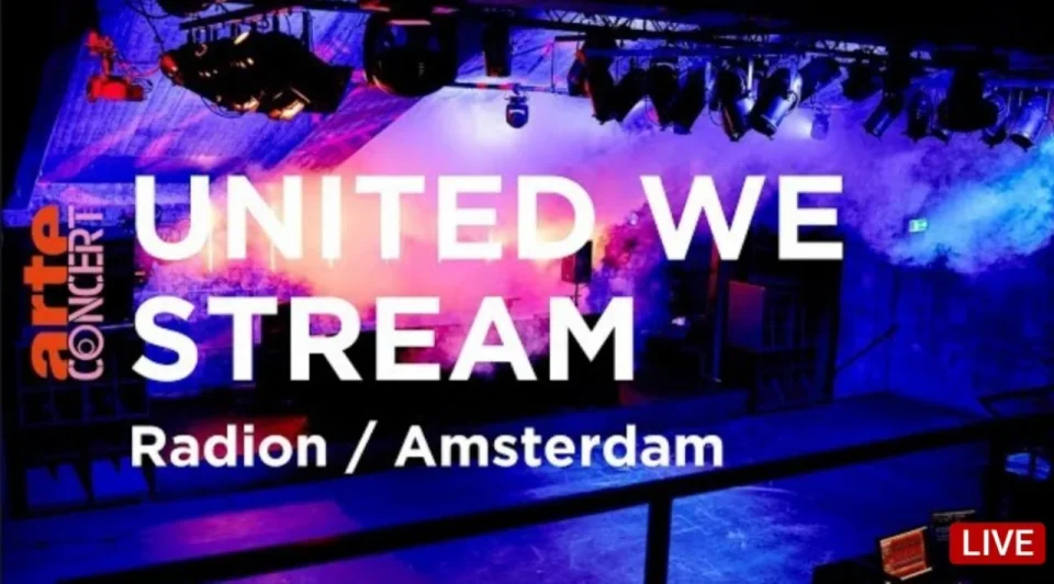 An archived United We Stream broadcast graphic for Radion in Amsterdam, with white lettering over a blue and violet venue image.