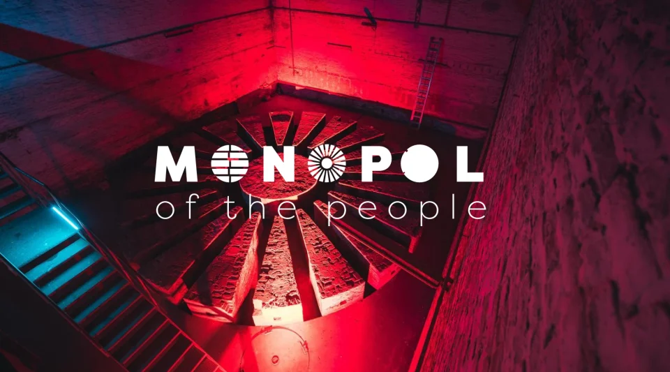 Monopol of the People wordmark on a red architectural background.