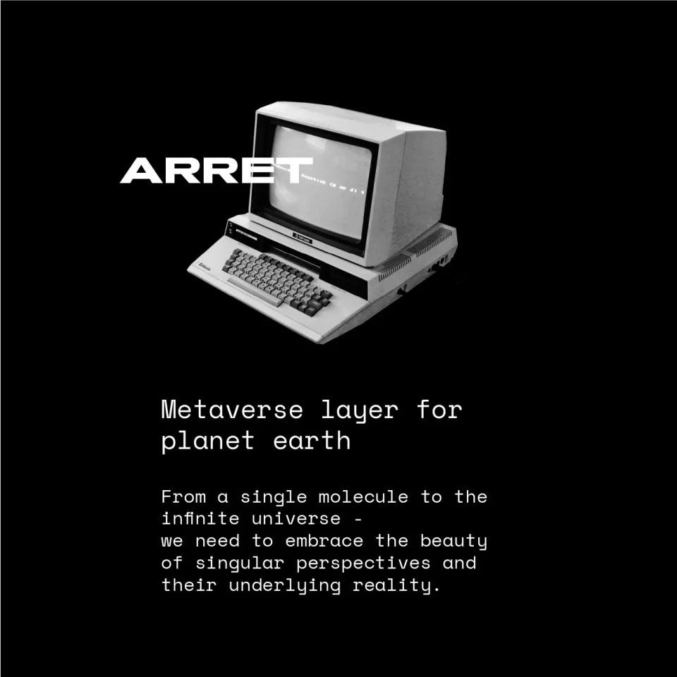 A monochrome vintage computer with the Arret wordmark and a statement about a digital layer for Earth.